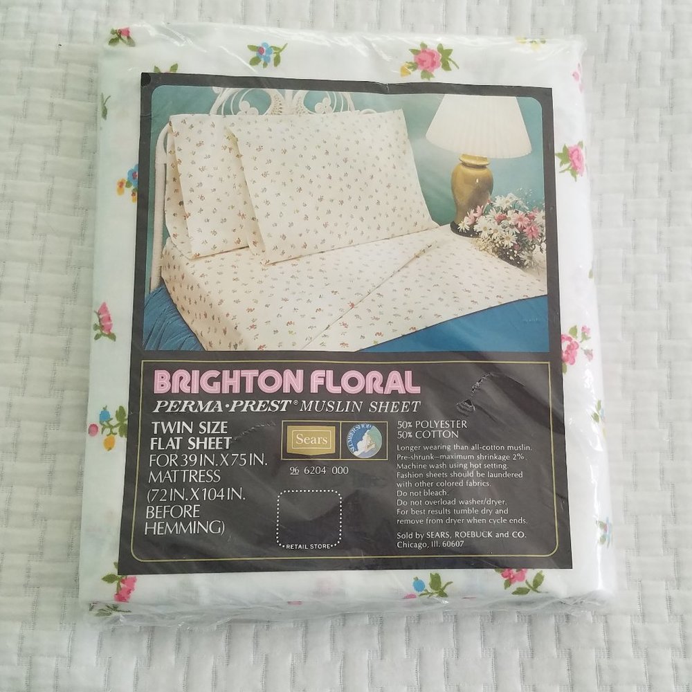 Vintage Twin Flat Sheet In Original Package Perma Prest Muslin Brighton Floral